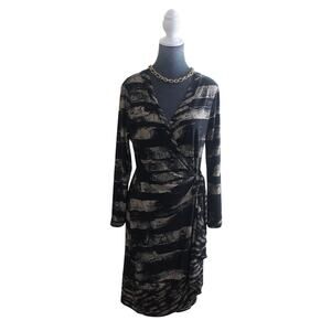 BCBG Maxazria Wrap Dress L Black Tan Abstract Print Long Sleeve